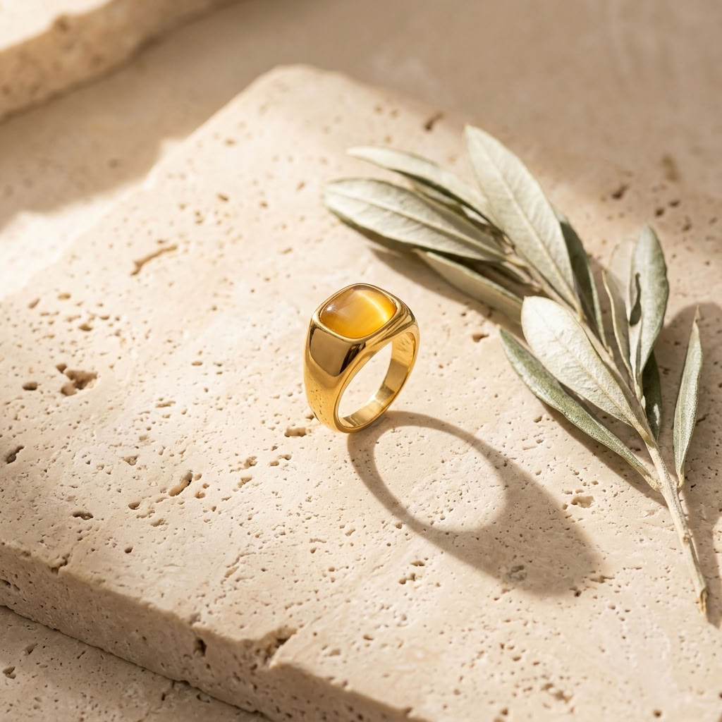 Gold ring with square bezel and amber-yellow stone