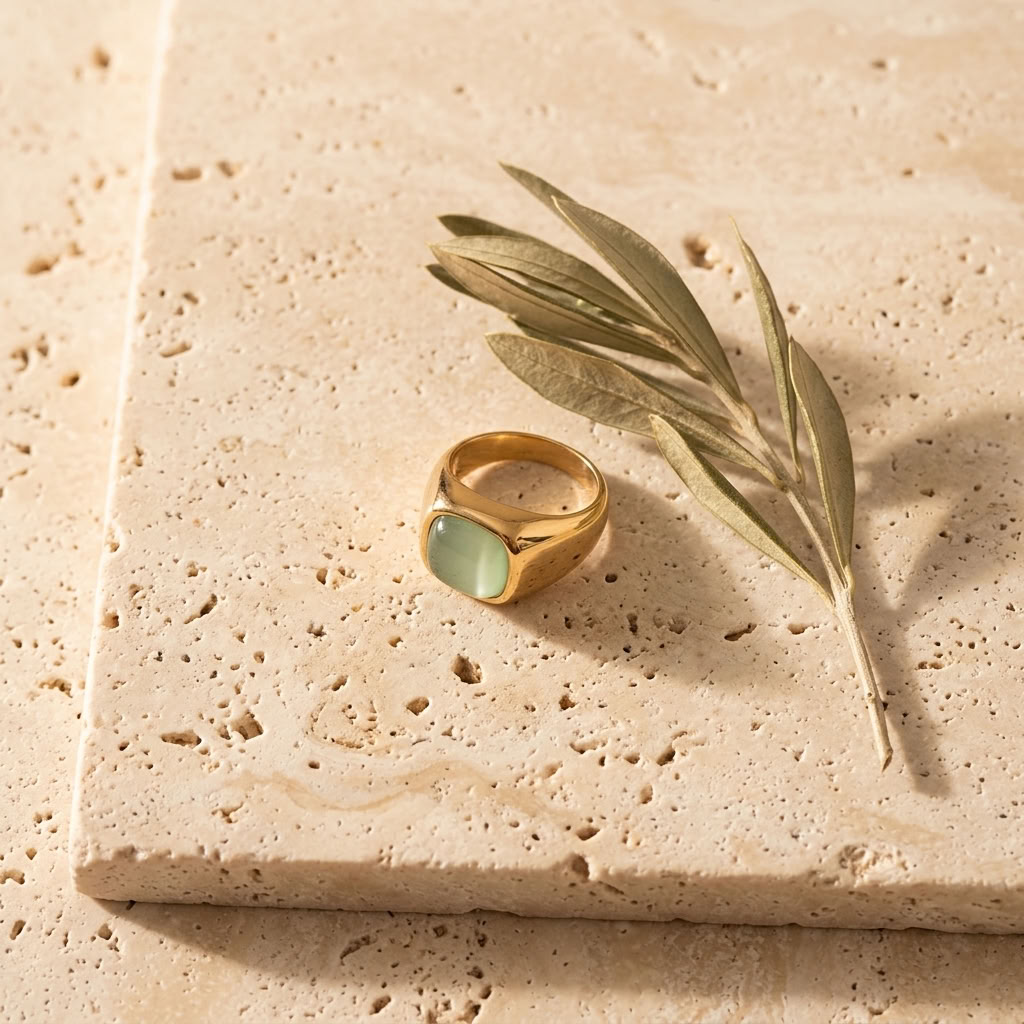 Gold-tone ring with oval green gemstone, open band setting
