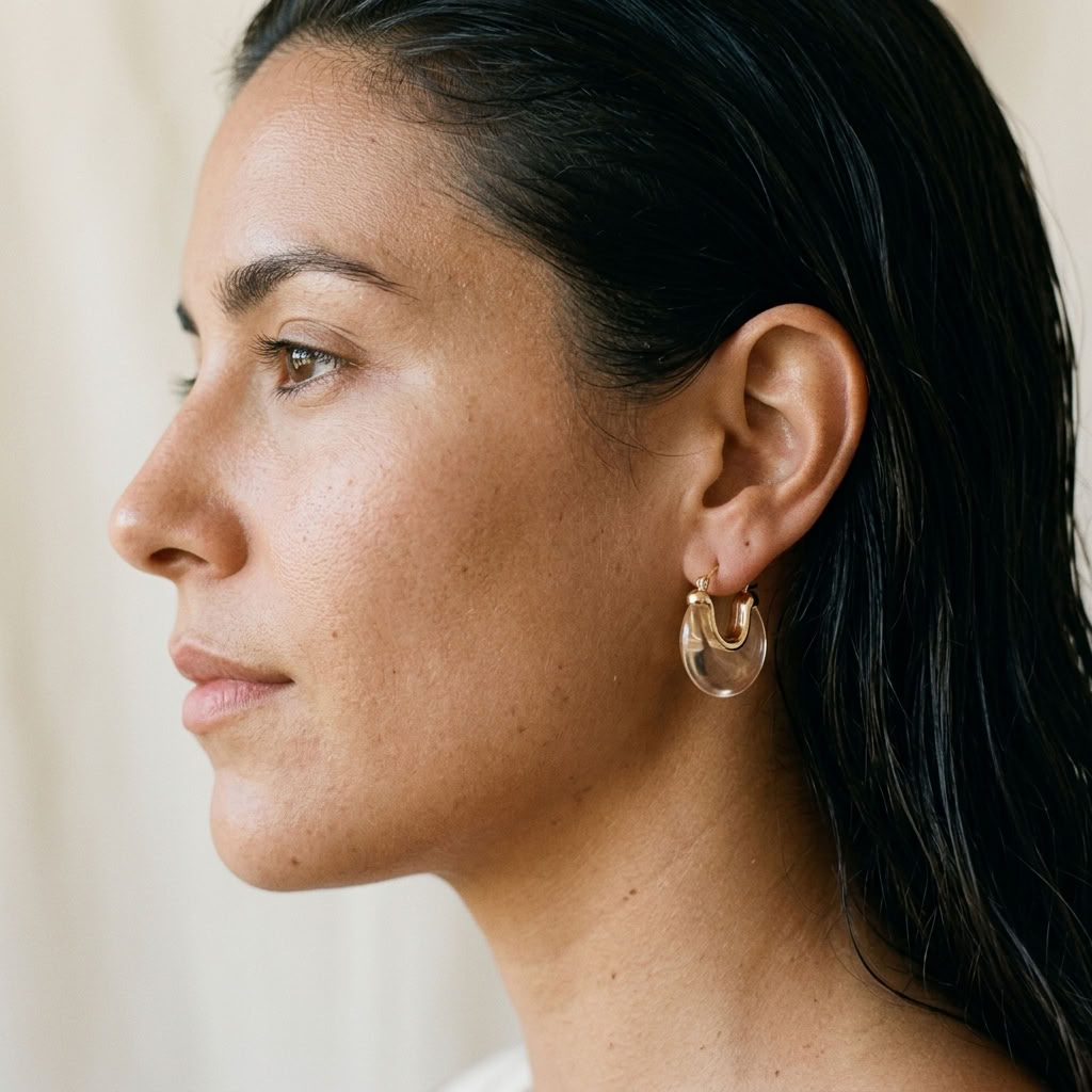 Reflet earrings worn: gold-tone hoop with clear acrylic insert, angled view